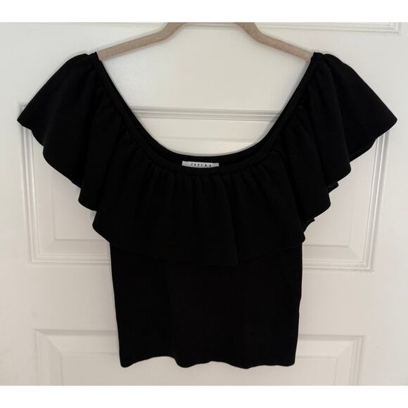 Favlux Black Ribbed Knit Off Shoulder Ruffle Top Women’s Size M - Picture 1 of 4